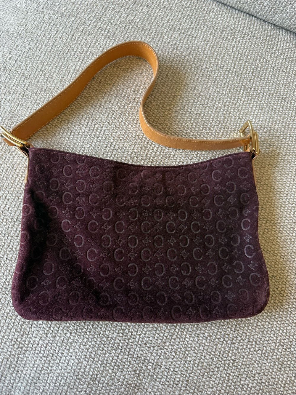 Vintage Celine Plum Suede Shoulder Bag with Tan Strap